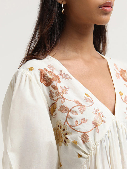 Bombay Paisley Off-White Embroidered Cotton Dress