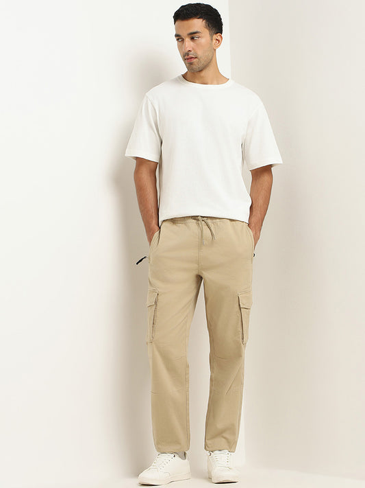 WES Casuals Beige Cargo Cotton Blend Relaxed-Fit Joggers