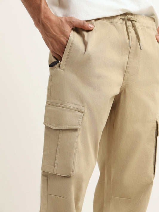 WES Casuals Beige Cargo Cotton Blend Relaxed-Fit Joggers