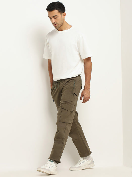 WES Casuals Green Cargo Cotton Blend Relaxed-Fit Joggers