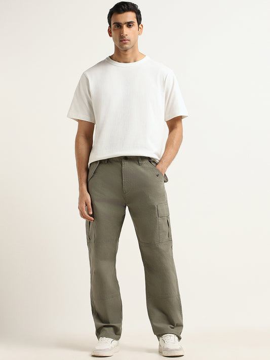 WES Casuals Olive Cargo Cotton Relaxed-Fit Joggers