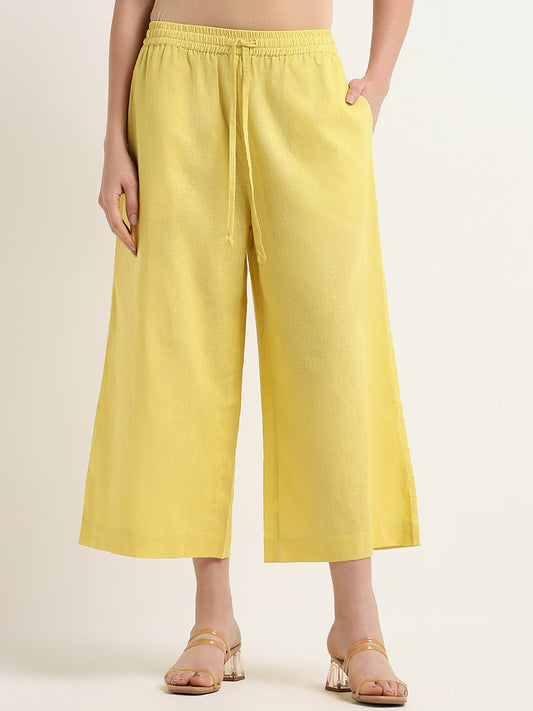 Zuba Yellow Mid Rise Blended Linen Pants