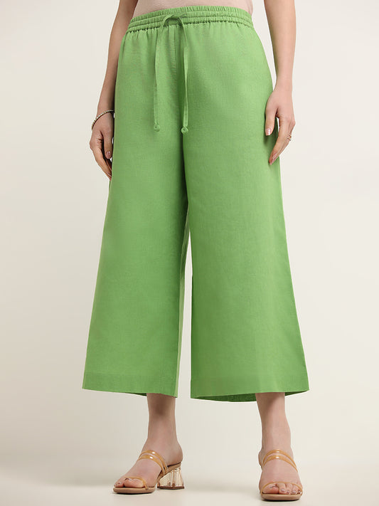 Zuba Green Mid Rise Blended Linen Pants