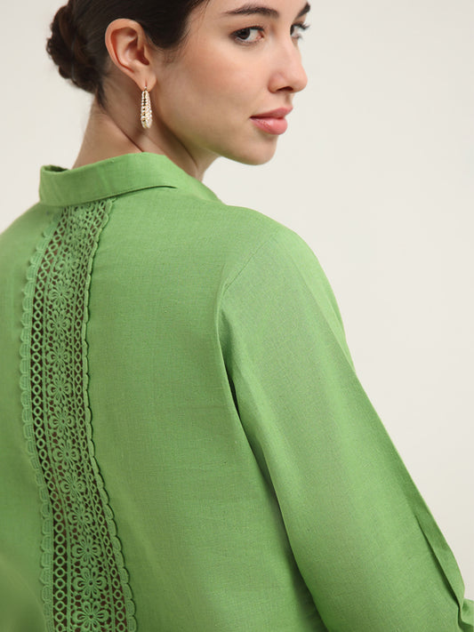 Zuba Green Lace-Detail Blended Linen Tunic
