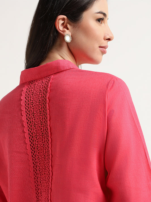 Zuba Pink Lace-Detail Blended Linen Tunic