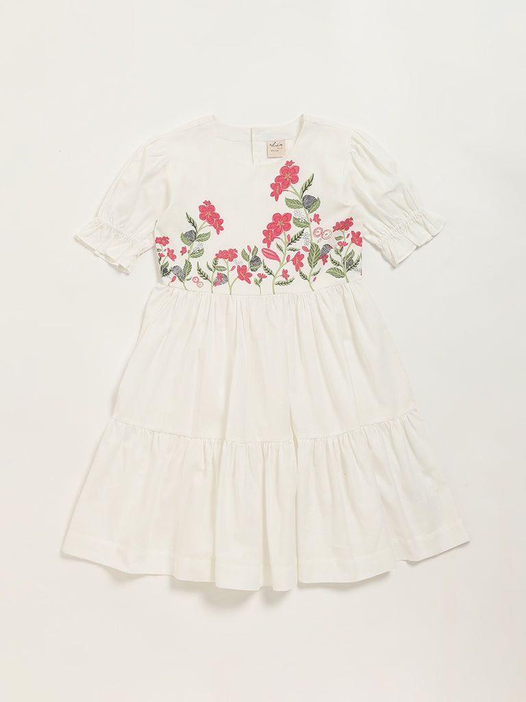 Utsa Kids White Floral Print Tiered Dress (8 -14yrs)