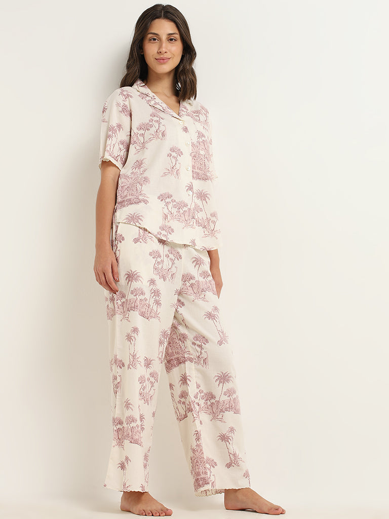 Wunderlove Off-White Printed Shirt & Pyjamas Set