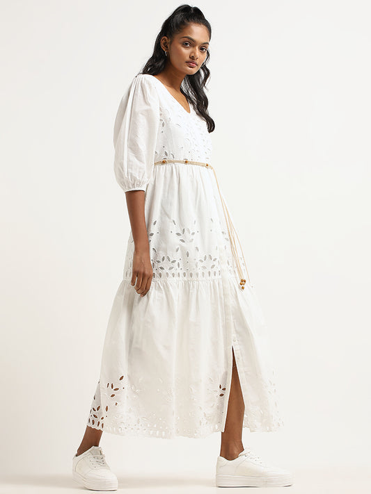 LOV White Cotton Schiffli Maxi Dress