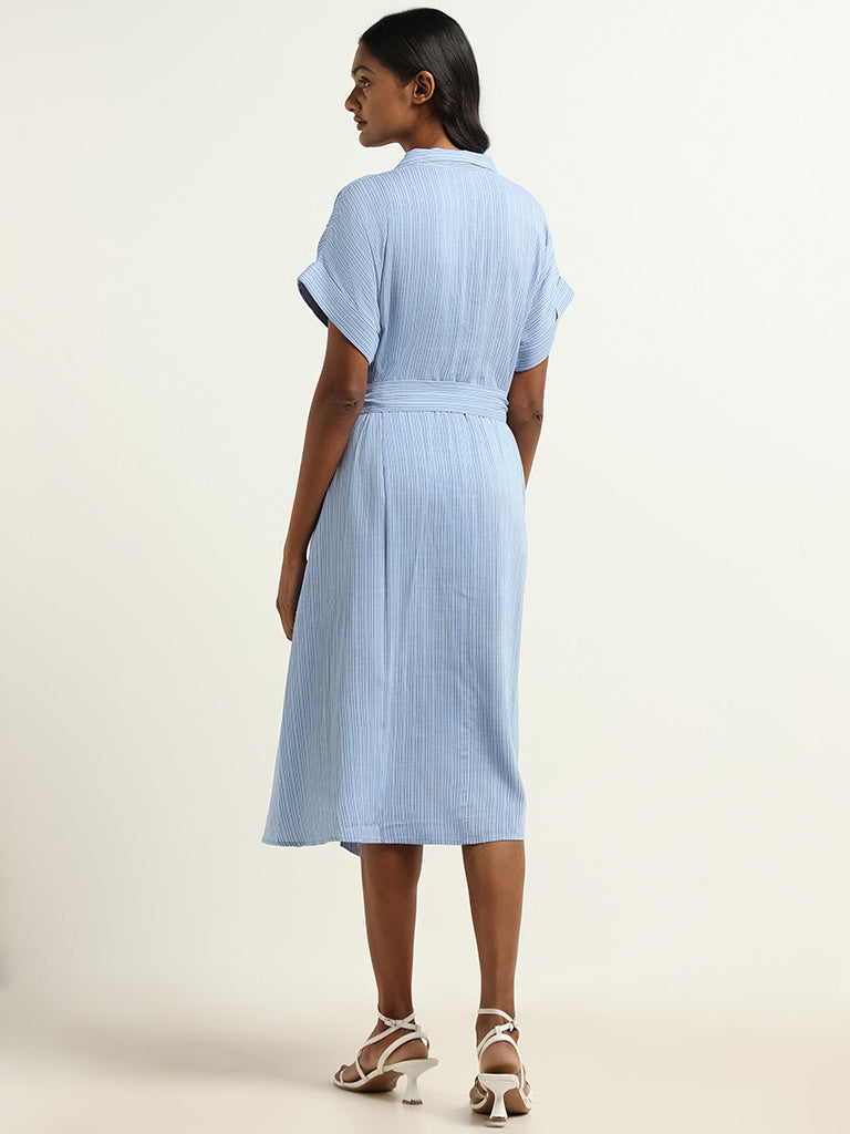 LOV Powder Blue Striped Shirt Dress with Fabric Belt