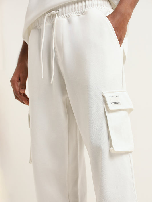 Studiofit White Cotton Blend Relaxed Fit Cargo Pants