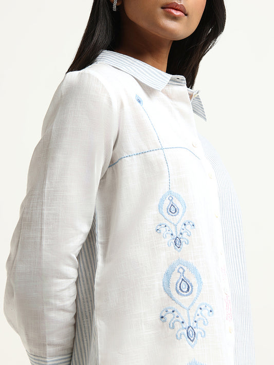 Utsa White Embroidered Stripe Cotton Tunic