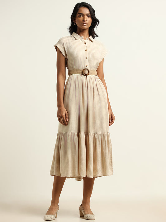 LOV Beige Collared Blended Linen Dress with Belt