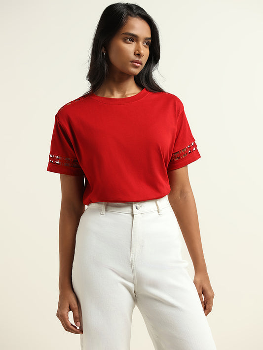 LOV Red Cotton Cut-Out T-Shirt
