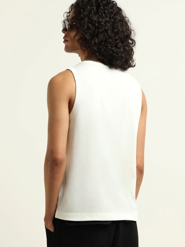 Nuon White Ribbed Slim Fit Cotton T-Shirt