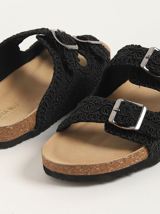 LUNA BLU Black Crochet Strap Comfort Sandals