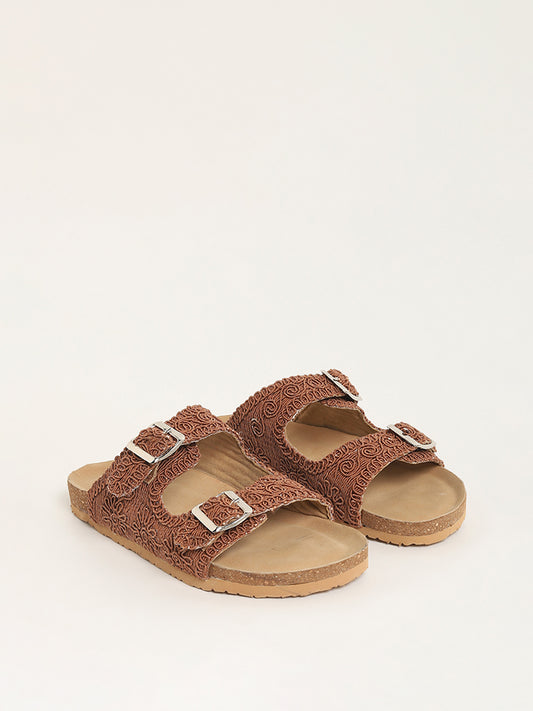 LUNA BLU Tan Crochet Strap Comfort Sandals