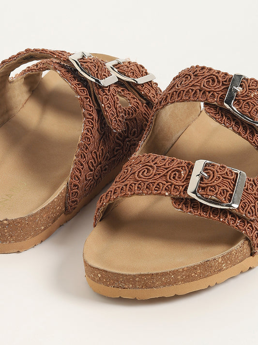 LUNA BLU Tan Crochet Strap Comfort Sandals