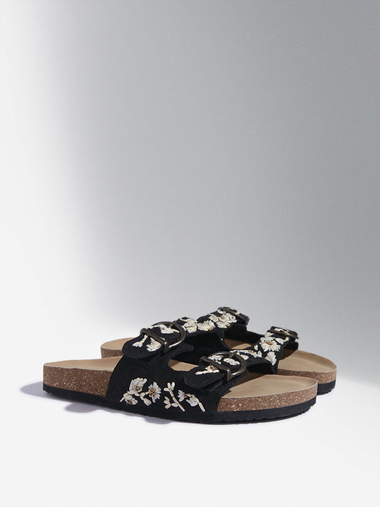 LUNA BLU Black Floral Design Double Band Sandals