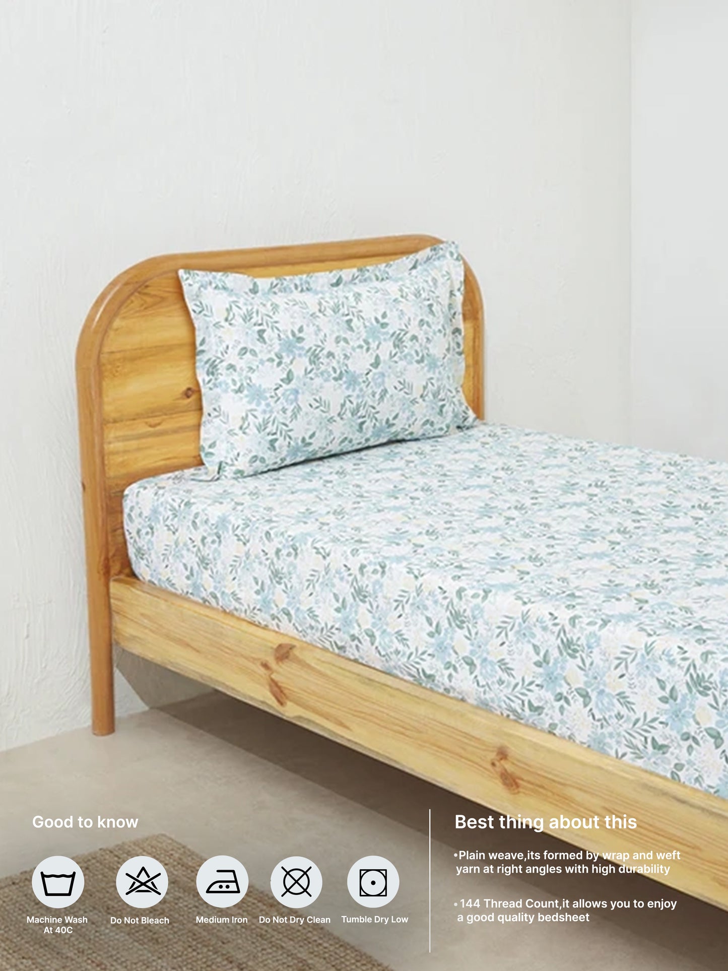 Westside Home Blue Floral Print Single Bed Fitted Sheet and Pillowcase Set