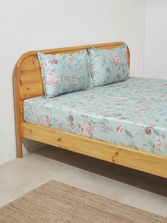 Westside Home Mint Floral Design King Bed Flat Sheet and Pillowcase Set
