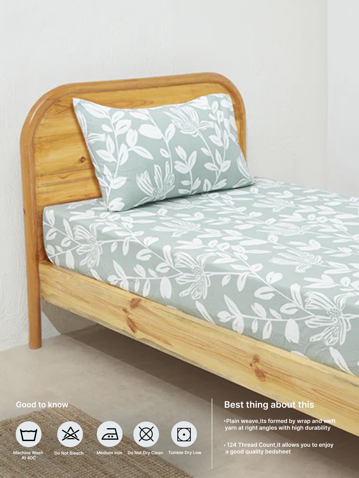 Westside Home Green Leaf Design Single Bed Fitted Sheet and Pillowcase Set