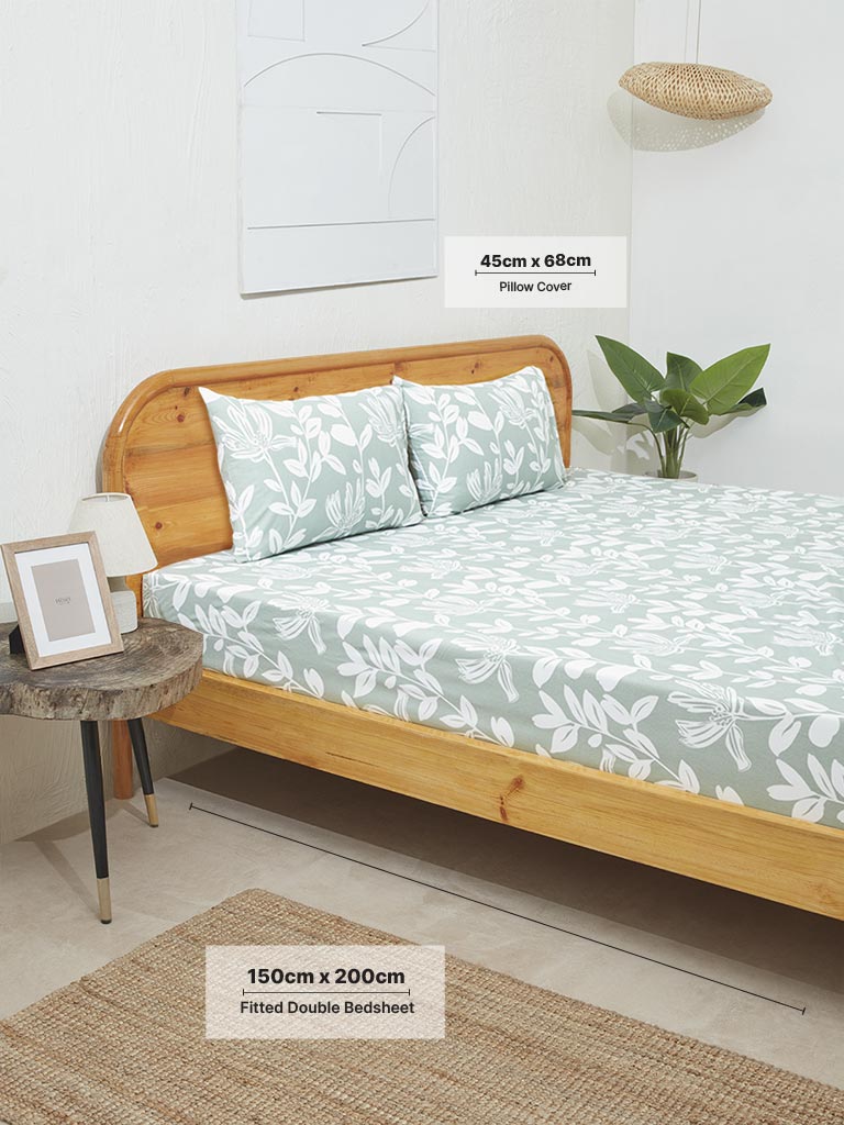 Westside Home Green Leaf Design Double Bed Fitted Sheet and Pillowcase Set