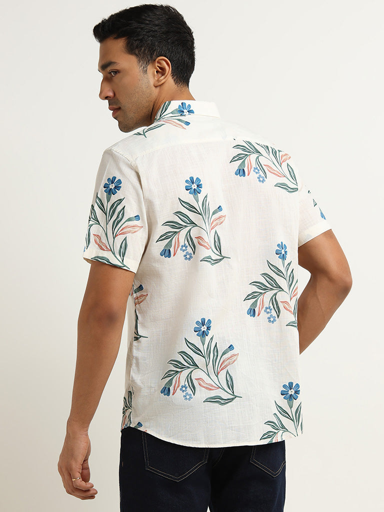 WES Casuals Cream Slim-Fit Botanical Print Cotton Shirt