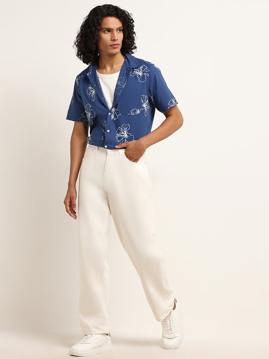WES Casuals Blue Slim-Fit Floral Print Cotton Shirt