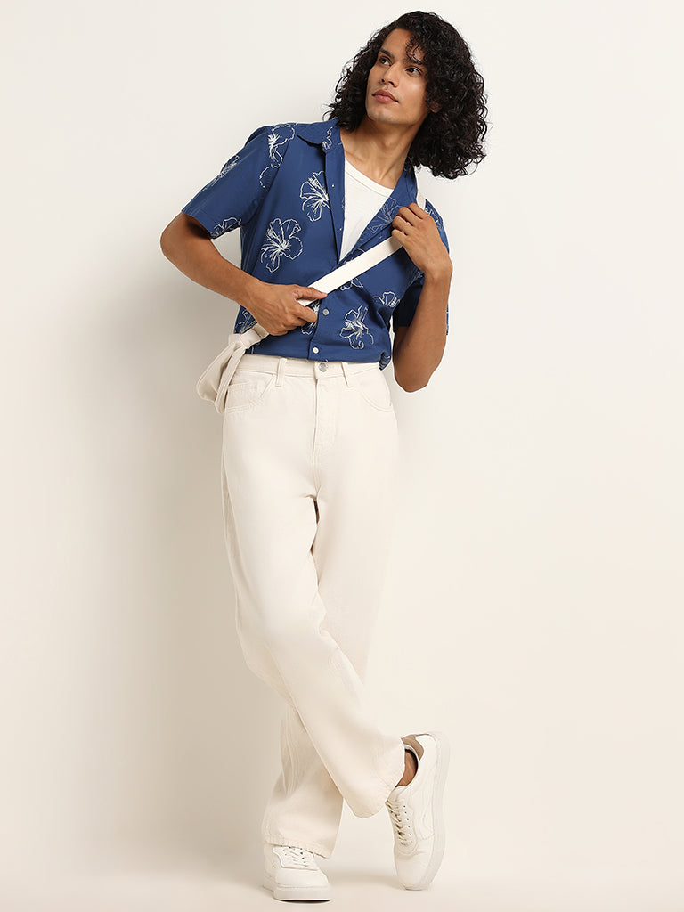 WES Casuals Blue Slim-Fit Floral Print Cotton Shirt