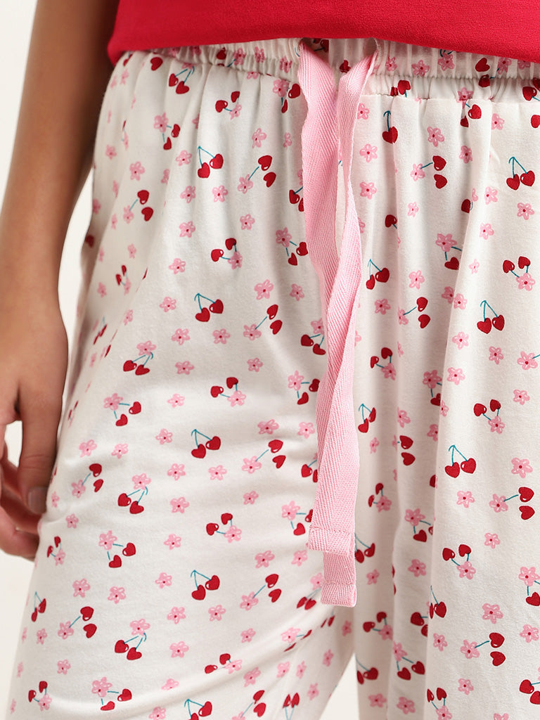 Wunderlove Off-White Cherry Printed Cotton Pyjamas