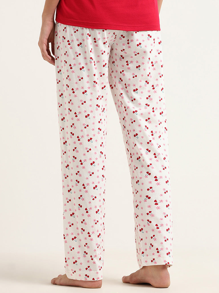 Wunderlove Off-White Cherry Printed Cotton Pyjamas