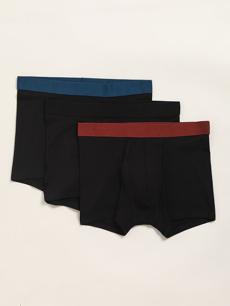 WES Lounge Black Cotton Blend Relaxed Fit Trunks - Pack of 3