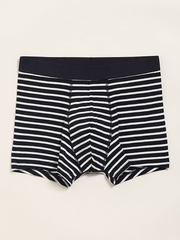 WES Lounge Navy Striped Cotton Blend Relaxed Fit Trunks - Pack of 3