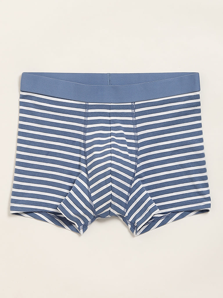 WES Lounge Navy Striped Cotton-Blend Relaxed Fit Trunks - Pack of 3