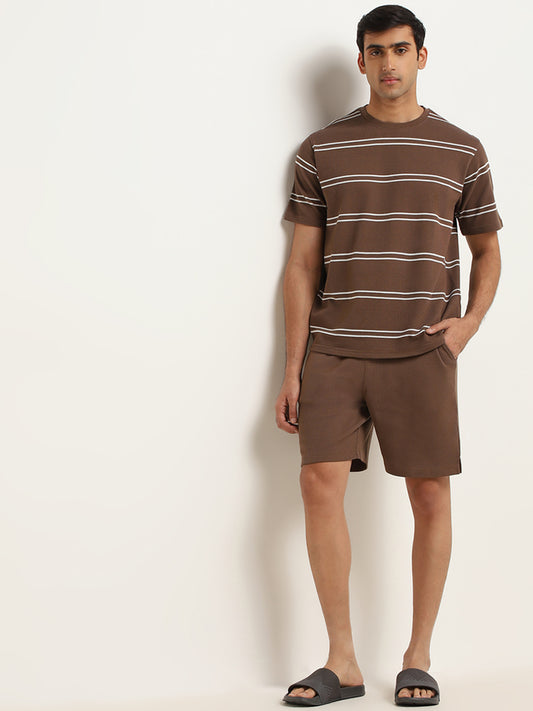 WES Lounge Brown Textured Cotton Blend Relaxed Fit Shorts