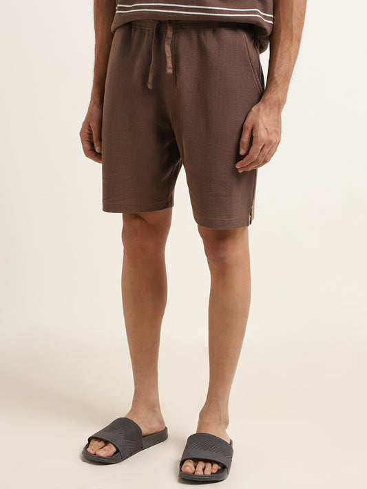 WES Lounge Brown Textured Cotton Blend Relaxed Fit Shorts