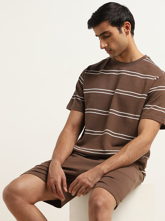 WES Lounge Brown Striped Cotton Blend Relaxed-Fit T-Shirt