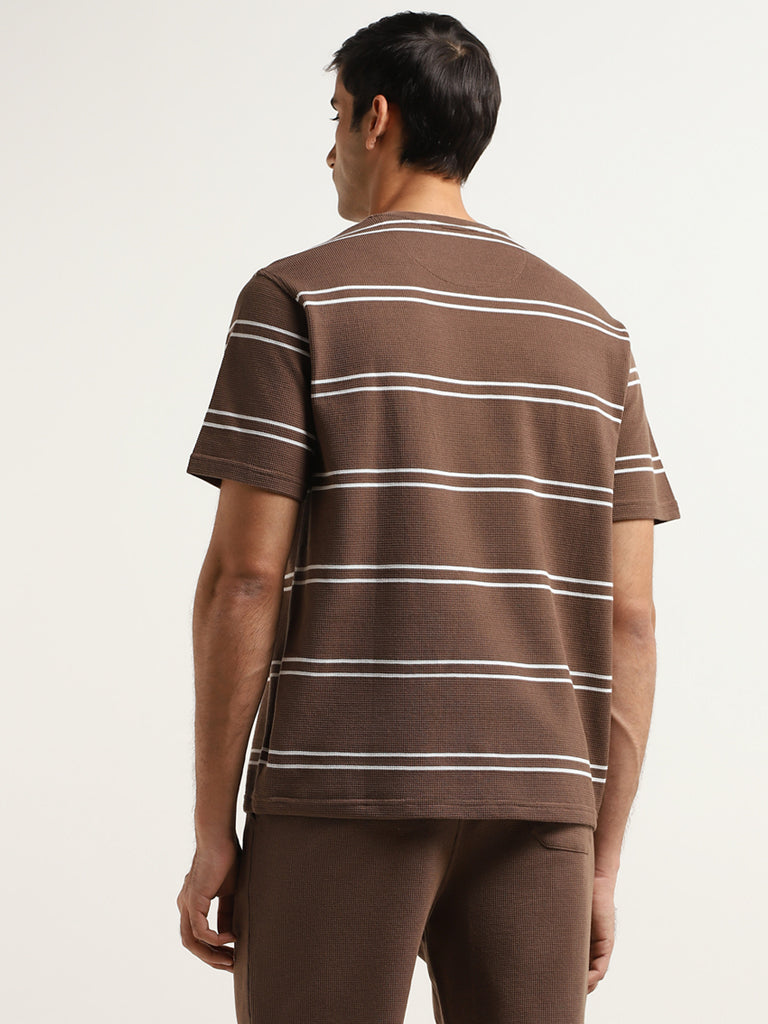 WES Lounge Brown Striped Cotton Blend Relaxed-Fit T-Shirt