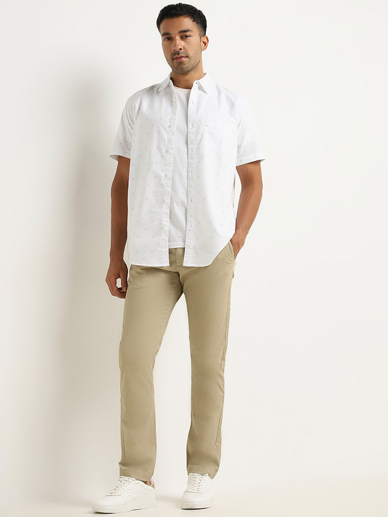 WES Casuals Dark Beige Cotton-Blend Slim Fit Mid Rise Trousers