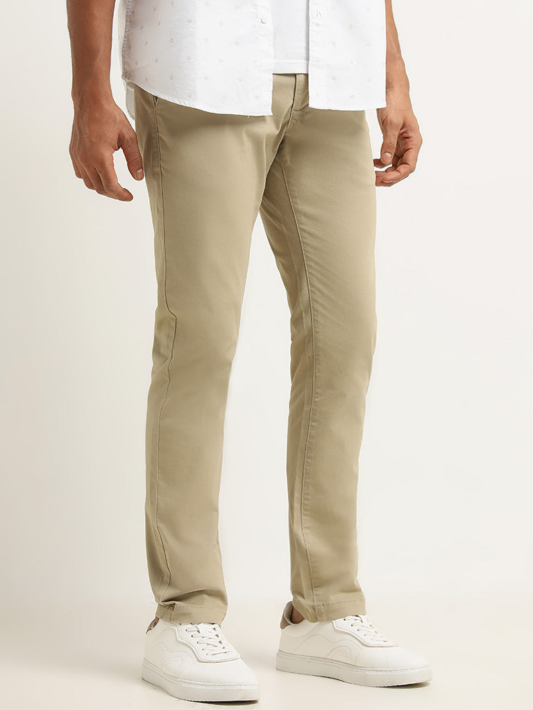 WES Casuals Dark Beige Cotton-Blend Slim Fit Mid Rise Trousers
