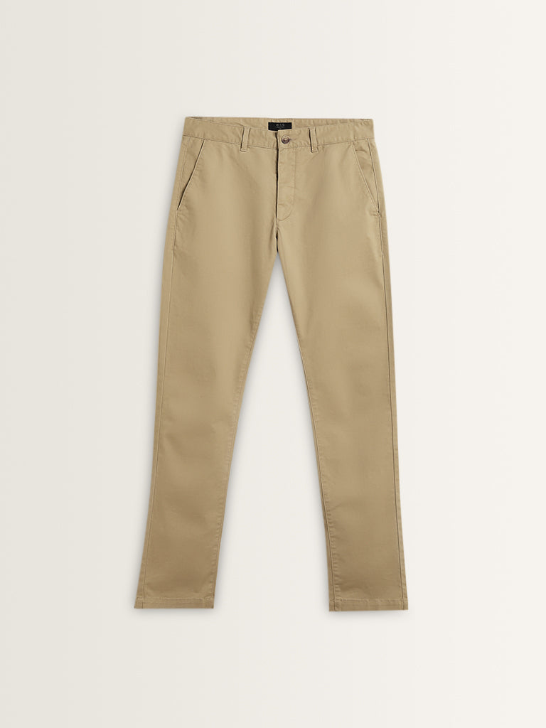 WES Casuals Dark Beige Cotton-Blend Slim Fit Mid Rise Trousers