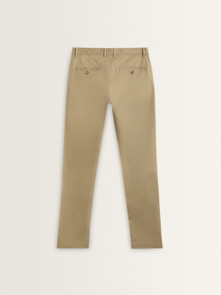 WES Casuals Dark Beige Cotton-Blend Slim Fit Mid Rise Trousers