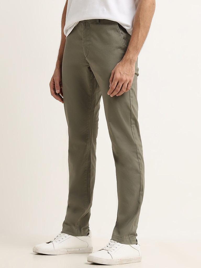 WES Casuals Olive Cotton-Blend Slim Fit Mid Rise Chinos