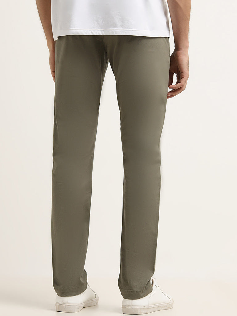 WES Casuals Olive Cotton-Blend Slim Fit Mid Rise Chinos