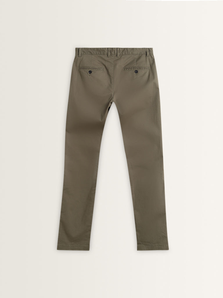 WES Casuals Olive Cotton-Blend Slim Fit Mid Rise Chinos