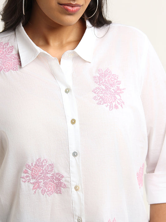 Diza White Floral Embroidered Cotton Tunic