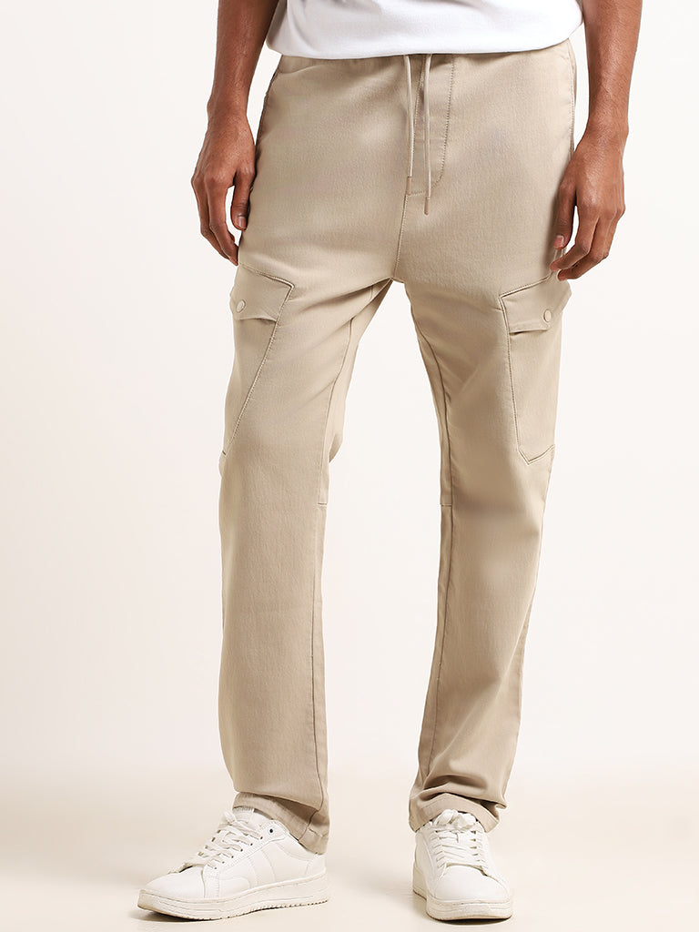 Nuon Beige Cargo Cotton Blend Relaxed Fit Mid Rise Pants