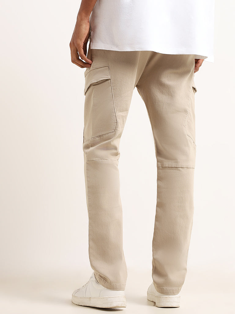 Nuon Beige Cargo Cotton Blend Relaxed Fit Mid Rise Pants