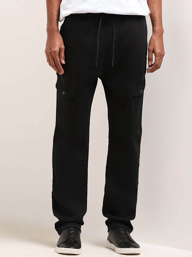 Nuon Black Cargo Cotton Blend Relaxed Fit Mid Rise Pants