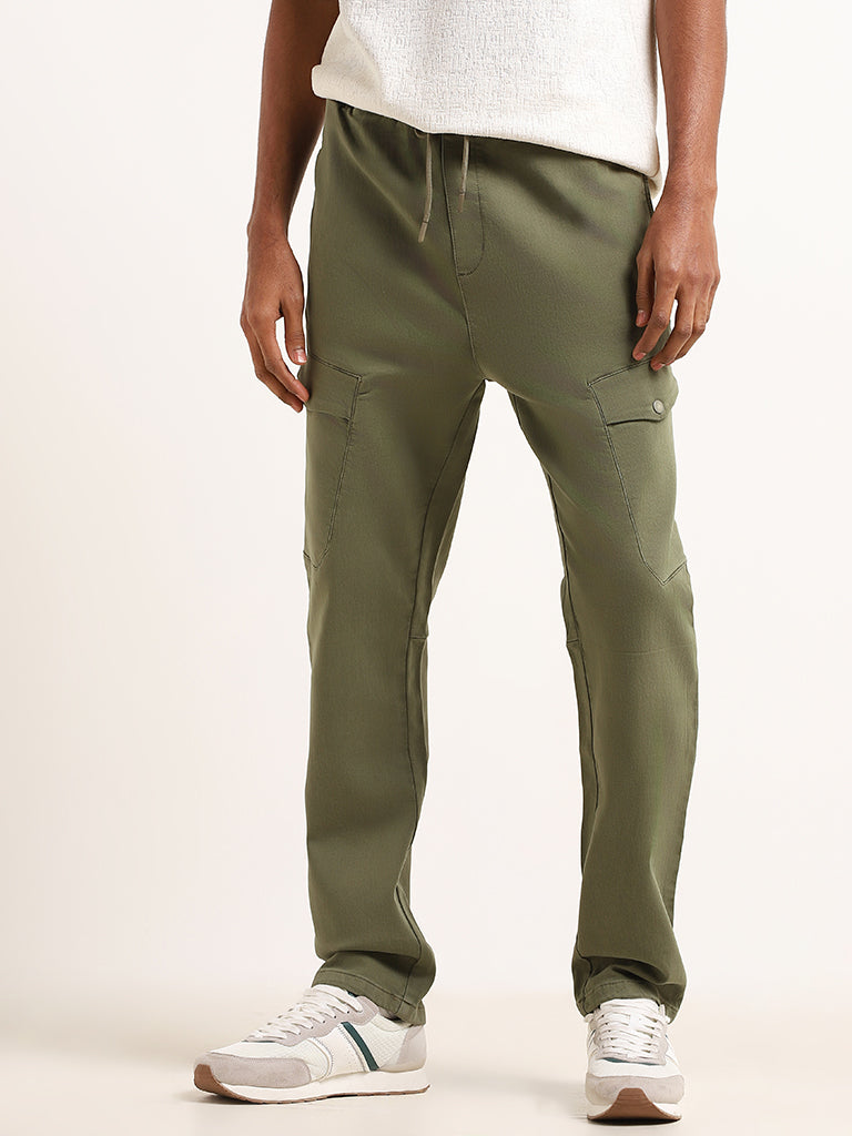 Nuon Olive Green Cargo Cotton Blend Relaxed Fit Mid Rise Pants